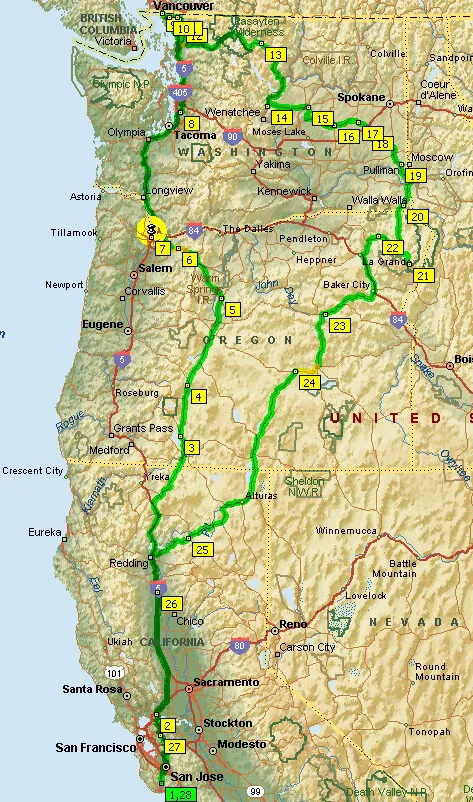 Map of the loop from the Bay Area to Portland, Seattle, the North Cascades, Lewiston and back